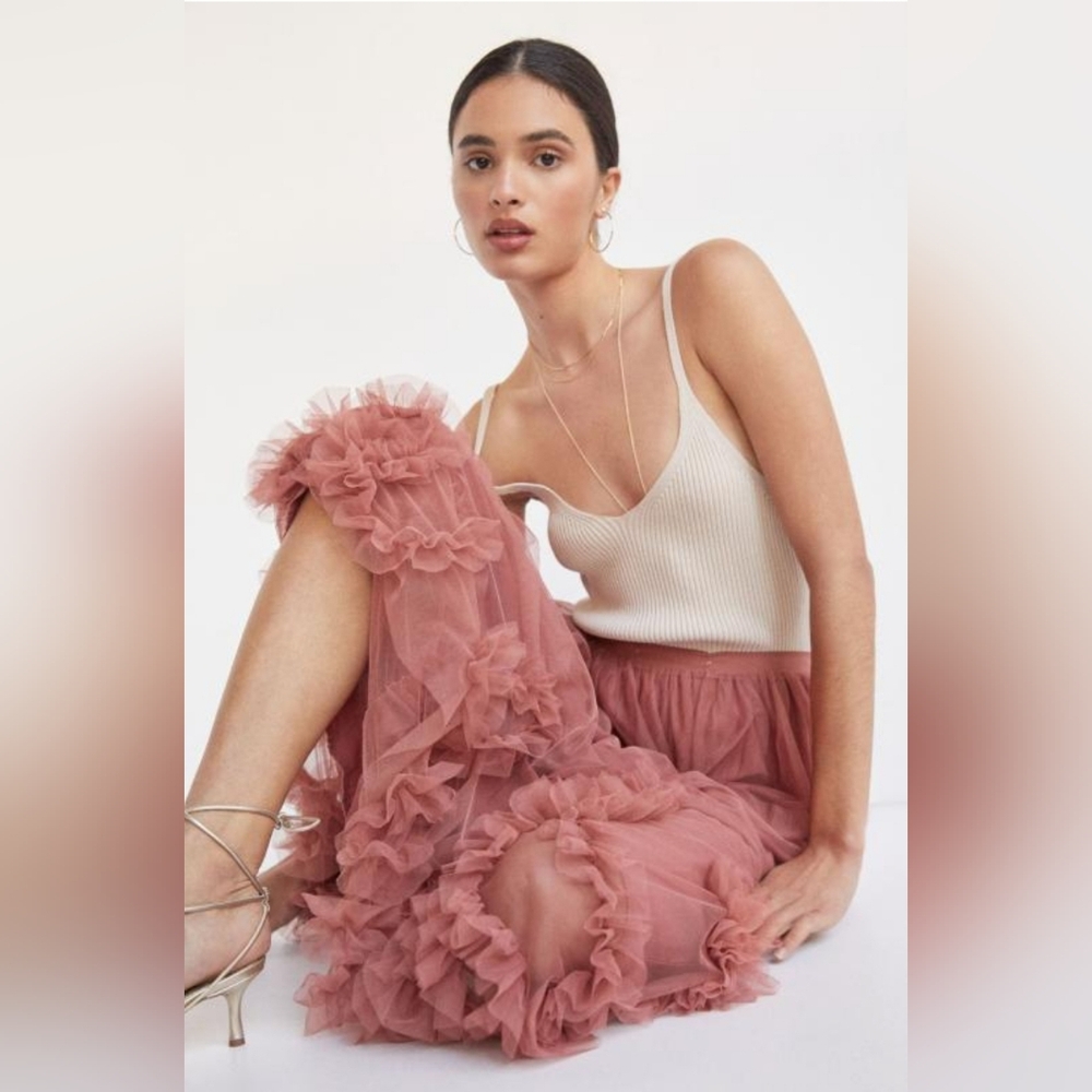 ANTHROPOLOGIE Felicity Dark Rose Pink Ruffle Tulle Maxi Skirt Spring Balletcore